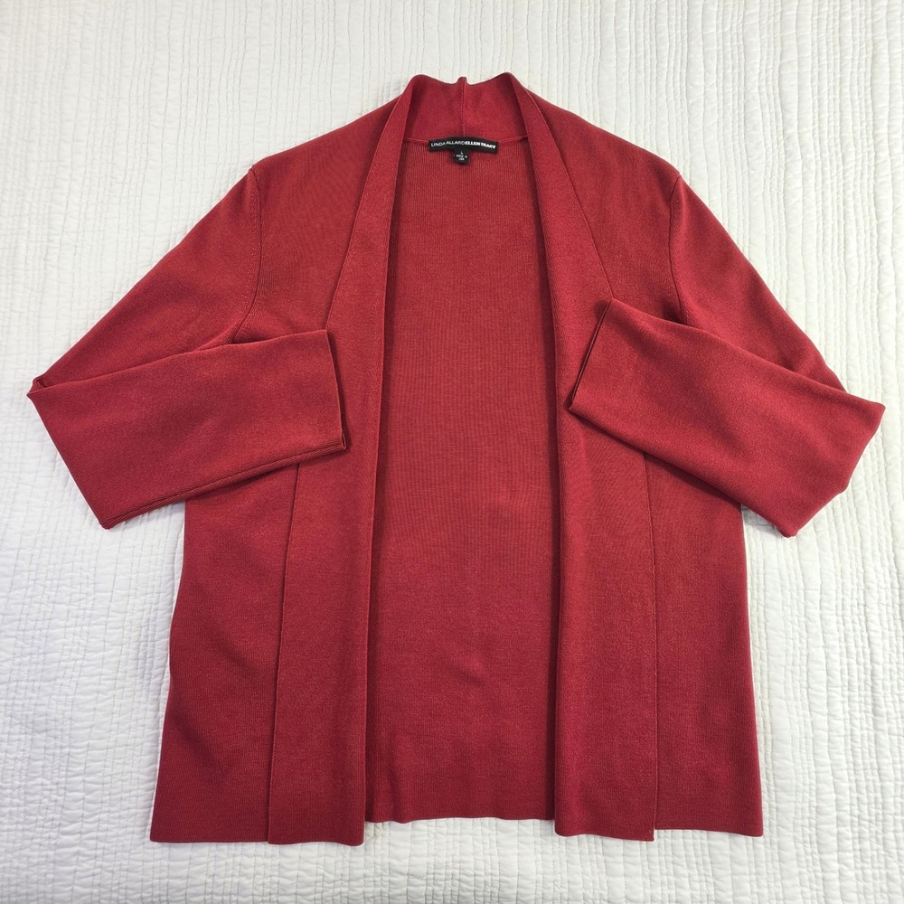 Linda Allard Ellen Tracy Red Wool Silk Open Front Cardigan Sweater Large EUC USA